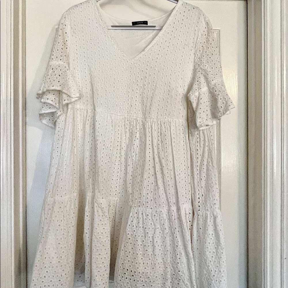 Eyelet White Baby Doll Dress SHEIN CURVE